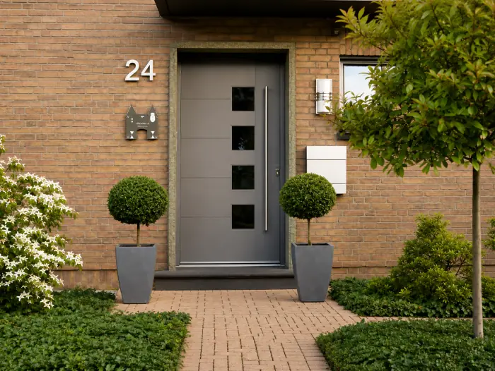Anthrazitgraue Design-Haustür mit Lichtausschnitten und Edelstahl-Stoßgriff, montiert von Metallbau Hendricks