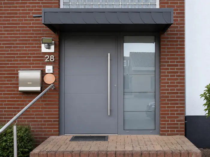 Graue Aluminium-Haustür mit Glas-Seitenteil und Vordach, montiert von Metallbau Hendricks in Kleve