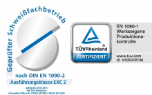Geprüfter Schweißfachbetrieb nach DIN EN 1090-2, TÜV Rheinland zertifizierte Produktionskontrolle